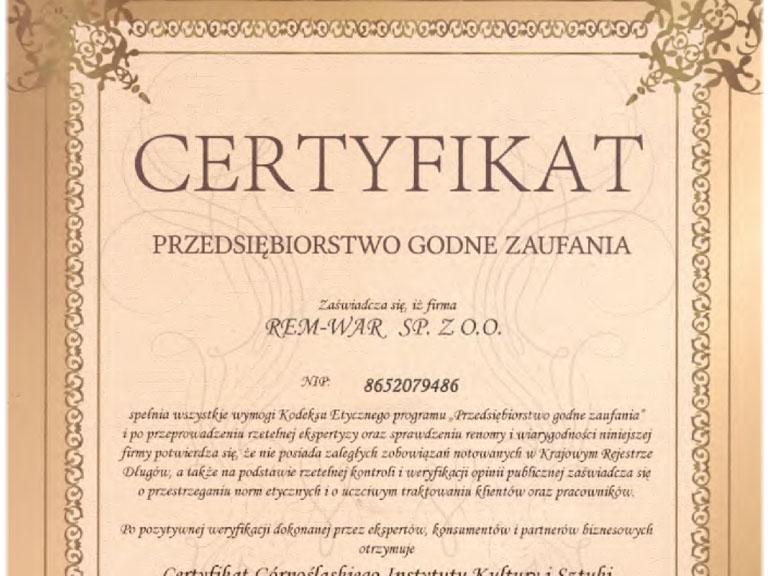 Certyfikat przedsiębiorstwa godnego zaufania